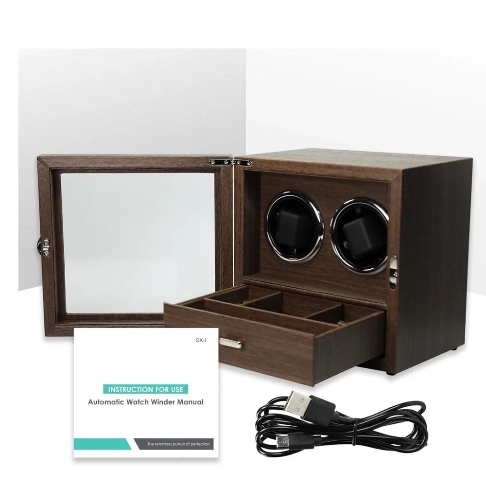 Double Automatic Watch Winder Jewelry Box Walnut Wood Rechargeable Dual Rotator